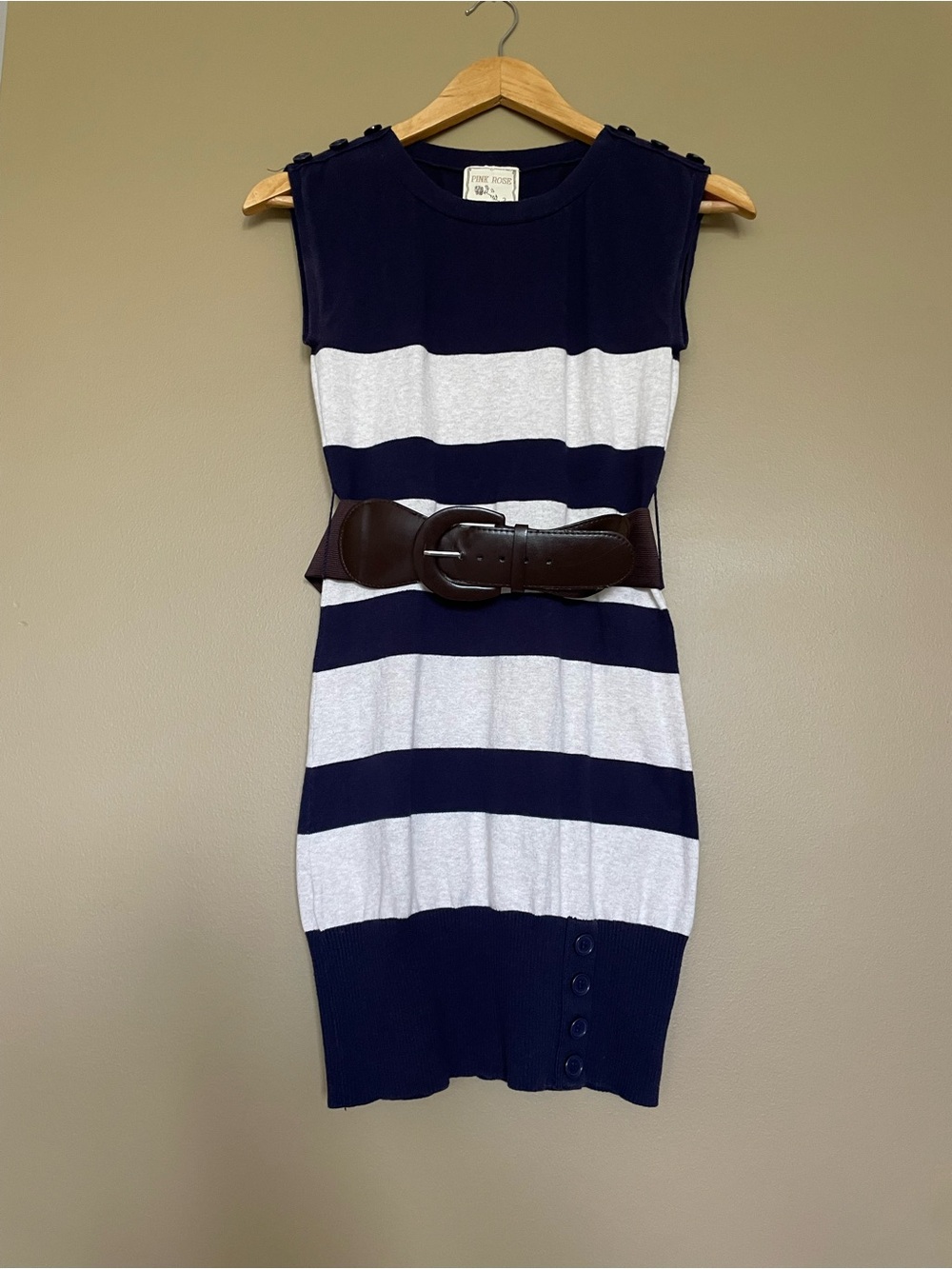 {Pink Rose} Navy and White Striped Sleeveless Knit Dress with Brown Belt